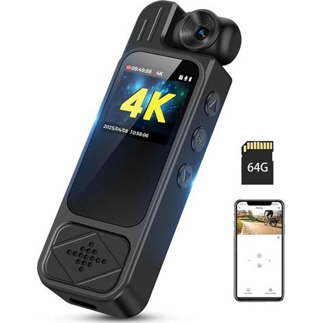 Caméra corporelle WiFi 4K, objectif rotatif à 180°, vision nocturne, autonomie de 7 heures et 64 Go de stockage. (1/5)