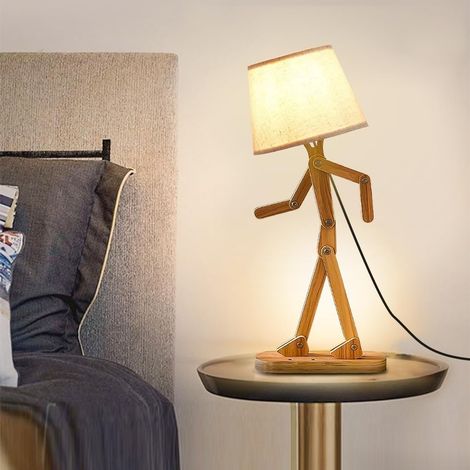 Lampe de table en bois design homme - Bras articulé créatif - Abat-jour rond - Veilleuse décorative pour maison, bureau, étude - Ampoule E14 incluse