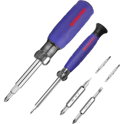 Workpro – Jeu de tournevis multi-embouts 6 en 1 – Embouts réversibles cruciforme/plat – Acier S2 antirouille – Poignée ergonomique pour précision