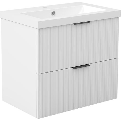 Acezanble 600mm Bathroom Vanity Unit with Resin Basin 2 Drawer Wall Hung Black Handles Matt White Bathroom Cabinet Storage Furniture (1/4)