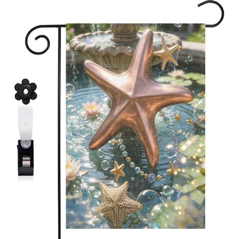 Drapeau de jardin bienvenue 30 x 45 cm motif étoile de mer et océan lumineux toile double face (1/5)