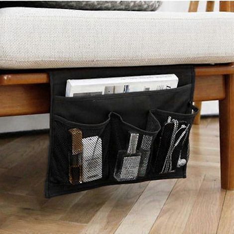 Organiseur de chevet à 4 poches, sac de rangement suspendu pour lit ou canapé, pochette pour livre, téléphone, lunettes et télécommande (noir) (1/4)