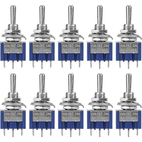 10Pcs Mini Interrupteur à Bascule 6A 125VAC, Interrupteur à 3 Positions 3 Broches, Mini Toggle Switch SPDT(ON-OFF-ON), Diamètre de Tête de Bouton 6 mm pour l'automobile, appliance à domicile(Pas (1/4)