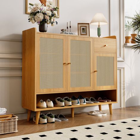 Meuble à Chaussures Rotin Naturel 120×35×106cm – 3 Portes + 1 Tiroir + 5 Étagères, Pieds Bois Massif (1/5)