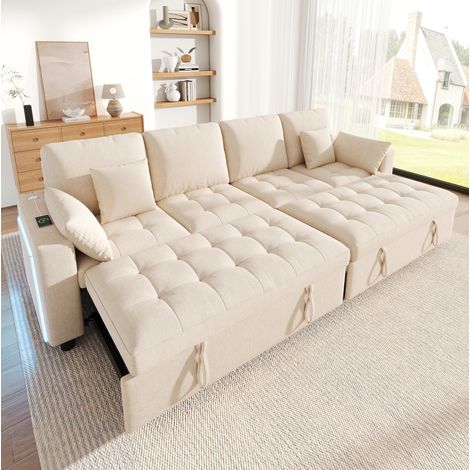 Lit double avec rangement 180x200 cm en MDF naturel avec éclairage, sans matelas - CHICFURN (1/5)