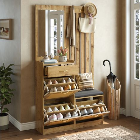 Mobile portascarpe da ingresso con specchio, panca e ganci, 99,5 x 26 x 180 cm, MDF naturale HAVRYA (1/5)
