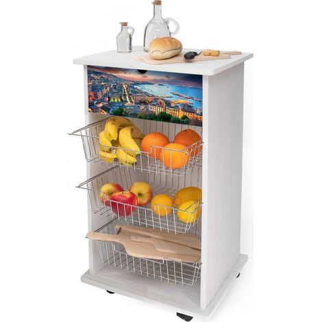 Lupia - Carrello Cucina Multifunzione WHITE NAPOLI GOLFO DI SERA, Portafrutta Ruote Piroettanti, Piano di Appoggio, tre Cestelli Estraibili in Acciaio, Legno 40X45H85 cm montato (1/4)