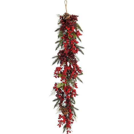 Guirlande de Noël Tombante Branches de Pin Baies Rouges et Pommes de Pin Vert et Rouge 110 cm - PANGIVO (1/4)