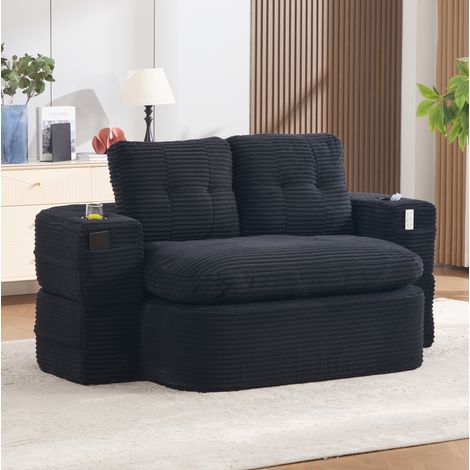 Poltrona letto 2 in 1 in velluto a coste nero con portabevande e tasche laterali (1/5)