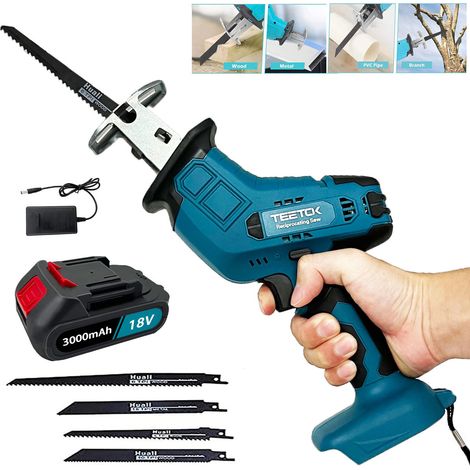Scies alternatives, scie sabre électrique Branches d'arbre à bois coupe de métal PVC + 4 lames + batterie 1x3.0A + chargeur,compatible avec les batteries Makita