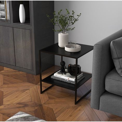 Table d'appoint 40x40x45 cm noire en acier avec étagère ouverte et structure stable (1/5)