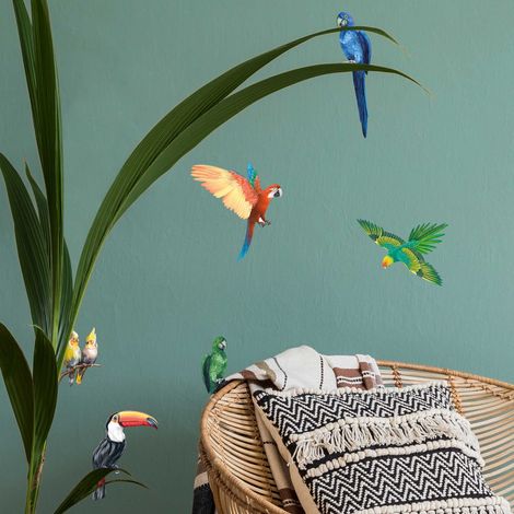 Décor papier peint préencollé Atelier Déco, amazonie, accessoires, perroquets, oiseaux tropicaux, 30 cm X 20 cm (1/5)