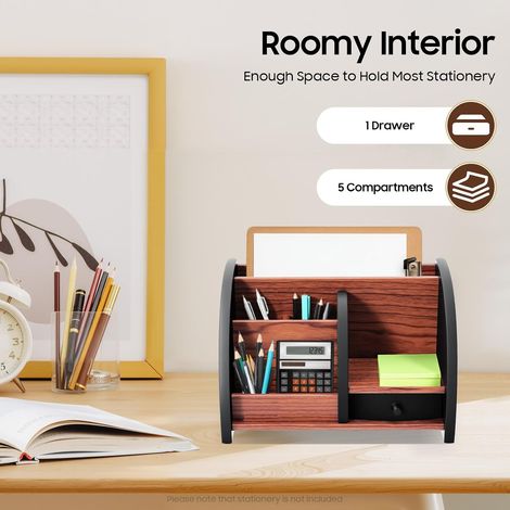 Organisateur de bureau en bois - Porte-stylos + tiroir - Organiseur de bureau pour bureau à domicile - 20 x 11,8 x 13,5 cm (1/5)
