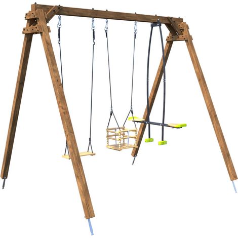 Portique en bois carré 3 agrès avec balançoire bébé et face à face PIERRE