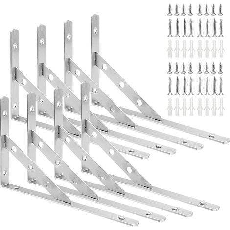 Lot de 8 Équerres Triangle 90 Degrés pour Étagères Murales - Support d'Étagère en Acier Inoxydable 15x25 cm - Capacité 30 kg - Fixation Murale avec Vis - Argent (1/5)