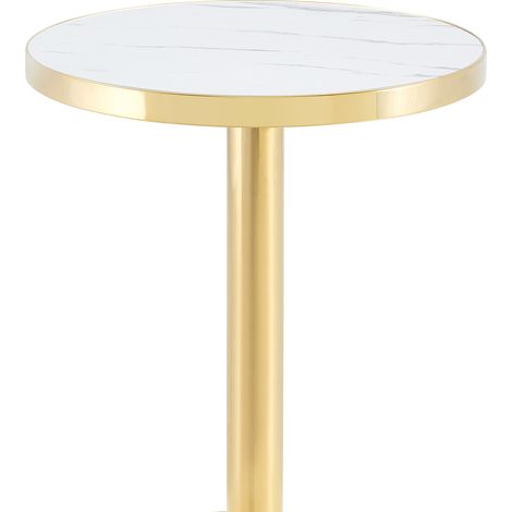 Mesa auxiliar redonda moderna de MDF efecto mármol blanco y dorado, 60 x 60 x 74 cm (1/5)