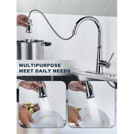 Tête robinet cuisine métal remplacement,buse extensible 3 fonctions,15 adaptateurs,chromée. (1/5)