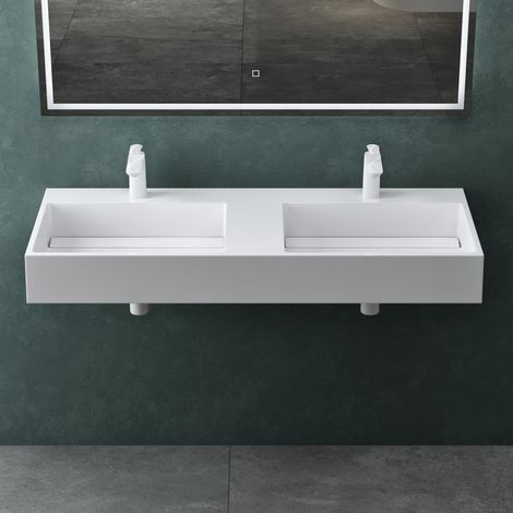 Mai & Mai Lavabo da Appoggio Doppio160x48x13cm, Lavandino Bagno Colossum12 Lavabo da Minerale Fuso Senza Troppopieno