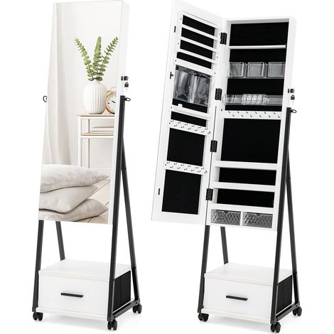 COSTWAY Schmuckschrank mit Spiegel, Schmuck Spiegelschrank abschließbar, auf Rollen, freistehend, 42 x 38 x 157 cm