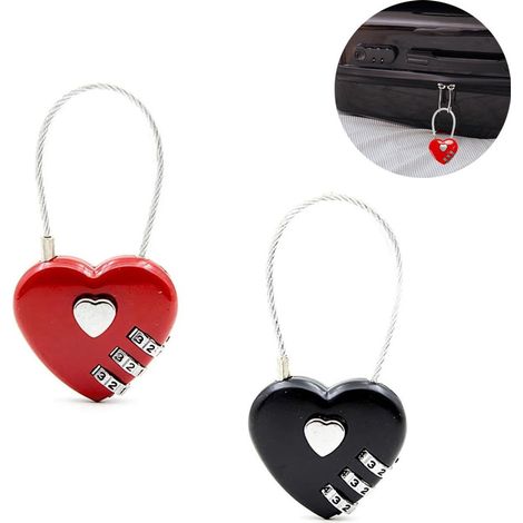 Lot de 2 cadenas à code en forme de cœur, cadenas à code à câble pour bagages, cadenas pour valise, usage intérieur et extérieur, noir + rouge (1/5)