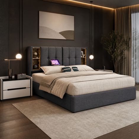 Letto contenitore matrimoniale 140x200 cm, con ricarica wireless, USB e USB-C, in cotone grigio, senza materasso (1/5)