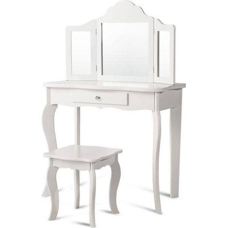 Montage facile, coiffeuse enfant avec tabouret et miroir triptyque, tiroir de rangement, table 2 en 1 (1/5)