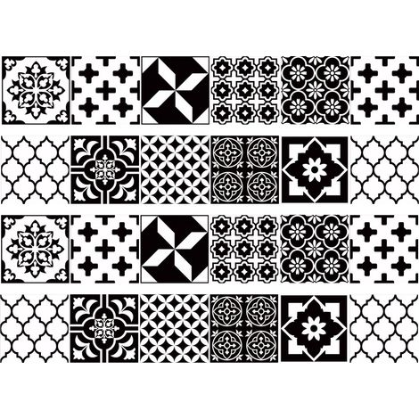 Lot de 24 carreaux adhesifs pvc noir et blanc stickers muraux decoratifs cuisine salle de bain 20x20cm (1/5)
