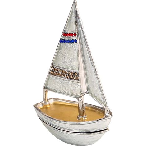 Enamel Trinket Box for Sailboat, Hand-Painted Enamel Jewelry Box, Magnetic Decorative Box for Rings, Earrings, Necklaces, Home Office (SILVER) (1/5)