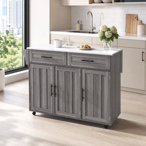 Isola cucina 129x46/71x91,5/95 cm grigio e bianco con piano estensibile, ruote e ripiani regolabili (1/5)