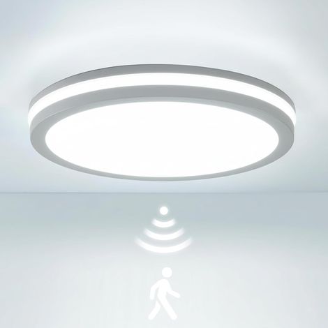 IP65 Imperméable Plafonnier LED avec Capteur de Mouvement, 24W/30W 4500lm 150(Lm/W) Etanchard 3000K/4000K/6500K Idéal pour salle de bain, garage, escaliers, sous-sol, couloir, balcon Ø26cm Blanc (1/5)