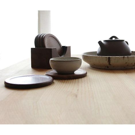 Lot de 6 dessous de verre ronds en bois de noyer, résistants à la chaleur. (1/4)