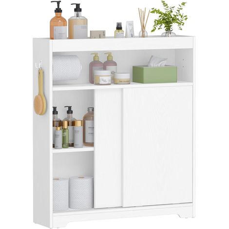 Meuble de Salle de Bain, Meuble Toilette avec Rangement Papier Toilette et Crochets, Portes Coulissantes, Étagère Réglable, 20 x 80 x 90 cm, Blanc (1/5)