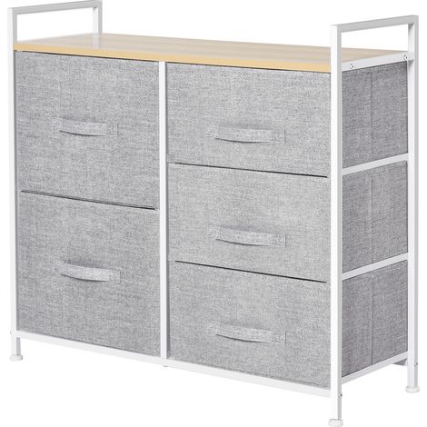 Cassettière métallique blanche et bois avec 5 tiroirs pliables en tissu gris, 83 x 29 x 77 cm, rangement amovible