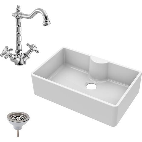 Fireclay 795mm 1 Bowl Butler Kitchen Sink - Tap Ledge with Classic Tap & Waste - Ceramic Kitchen Sink & Tap (1/5)