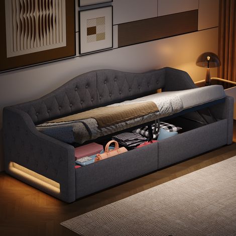 Divano letto imbottito in tessuto grigio 90x200 cm con contenitore sottostante e LED laterali