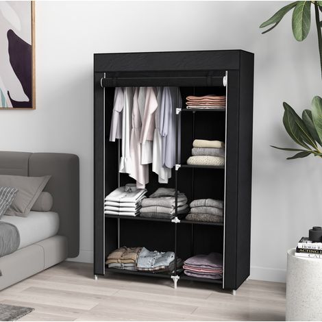 Armario de tela 103x43x162.5 cm negro de acero con barra y 6 estantes (1/5)