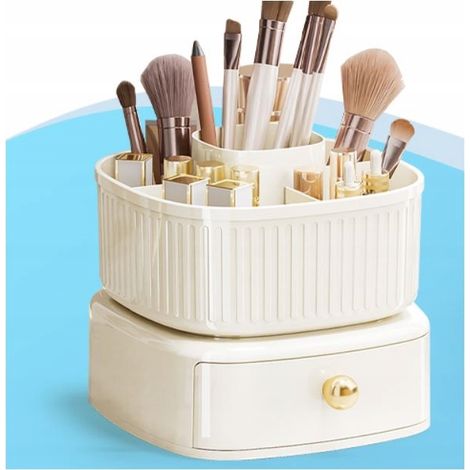 Organizzatore per cosmetici, pennelli, trucco, gioielli, girevole, con cassetto, bianco (1/5)