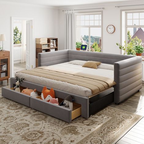 Canapé-lit 3en1 extensible 90x190cm, rembourré avec tiroirs, convertible en lit simple/double, sommier à lattes, gris (sans Matelas) (1/5)