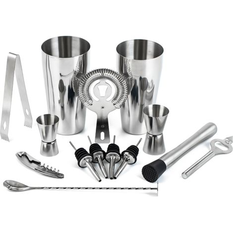 Kit barman mixologie 14 pcs, shaker Boston, doseur, verseurs, broyeur et pince à glace (14 pièces) (1/5)