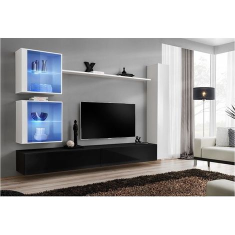 Ensemble meuble TV mural  - Switch XVIII - 282 cm x 180 cm x 40 cm - Blanc et noir - Livraison gratuite