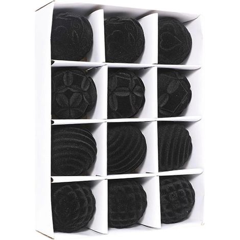 12 Stück beflockte Weihnachtskugeln, 8 cm, bruchsicher, zum Aufhängen, für Weihnachtsbaum und Weihnachtsdekoration, Schwarz (1/5)