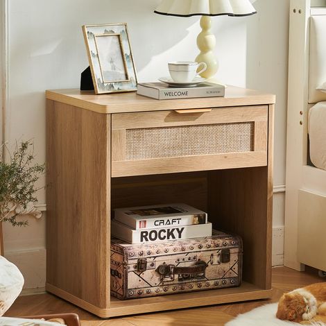 Table de chevet en rotin de 58 cm de large, table de nuit avec tiroir, table de chevet en bois naturel avec rangement ouvert, meuble de rangement pour chambre à coucher, salon, couloir (1/5)