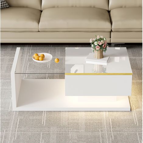 Couchtisch 90 cm aus Sicherheitsglas, LED 16 Farben, glänzend weiß HAVRYA (1/5)
