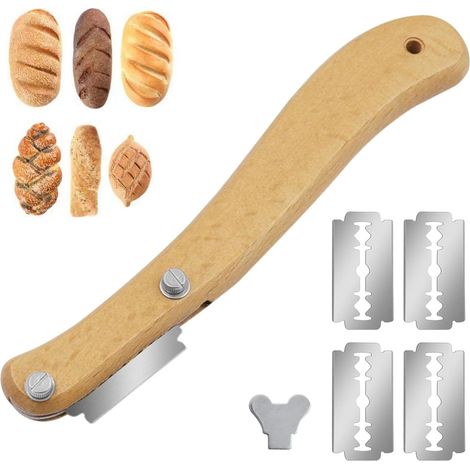 Couteau a Pain Inoxydable, Couteau à Pain en Bois Incurvé, Coupe Pate de Boulangerie pour Grigner Pâte Graver, Lame Multifonction pour Manipulation de la Pâte Cuisson au Four et Cuisine (1/5)