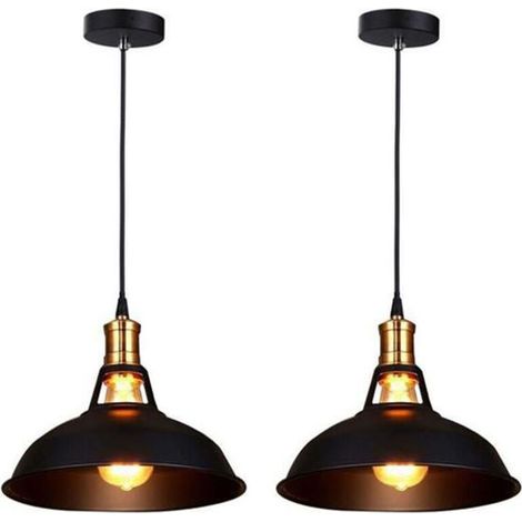 Lot de 2 Lustre Suspension Industrielle Vintage E27 Lampe Plafonniers Retro Abat-jour pour Cuisine Salle à manger Salon Chambre Restaurant, Noir (1/4)