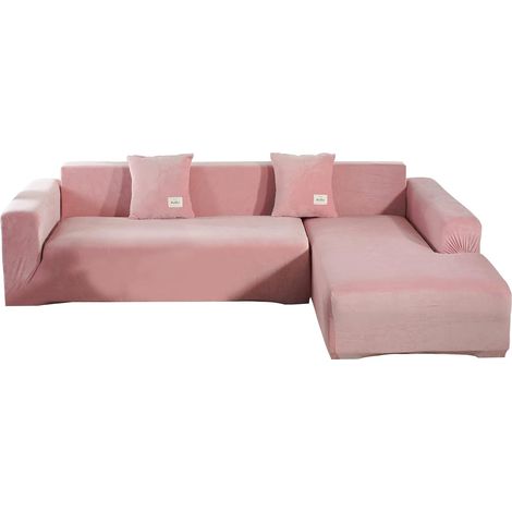 BEBUSINGOTO 1 funda elástica de terciopelo para sofá seccional en forma de L con 2 fundas de almohada (terciopelo rosa) (1/4)