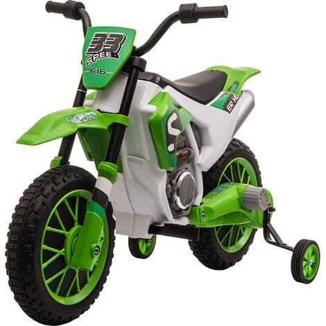 Moto électrique pour enfants, autonomie de 45 minutes, avec stabilisateurs, à partir de 3 ans, vert et blanc, 106,5 x 51,5 x 68 cm