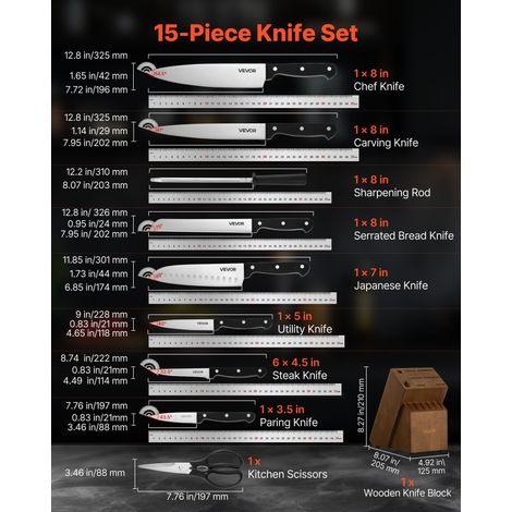 Set Couteaux Cuisine avec Bloc et Aiguiseur 15PCs, Bloc de Couteaux Allemands en Inox à Haute Teneur en Carbone, Coutellerie Haute… (1/5)