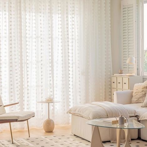 Rideau Voilage avec Blanc Floral 132x213cm - Rideau Blanc à Pochette Tringle pour Balcon/Salon avec Pompons Décoratifs (1/5)