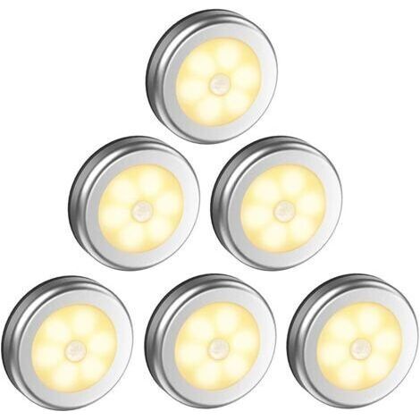 Lampe de Placard/Armoire LED,6pcs Lampes Armoire Veilleuse,Eclairage LED Détecteur de Mouvement avec Base Magnétique,pour Escalier Cuisine Vitrines Cabinet (Alimenté par Batterie) Argent Lumière chau (1/5)